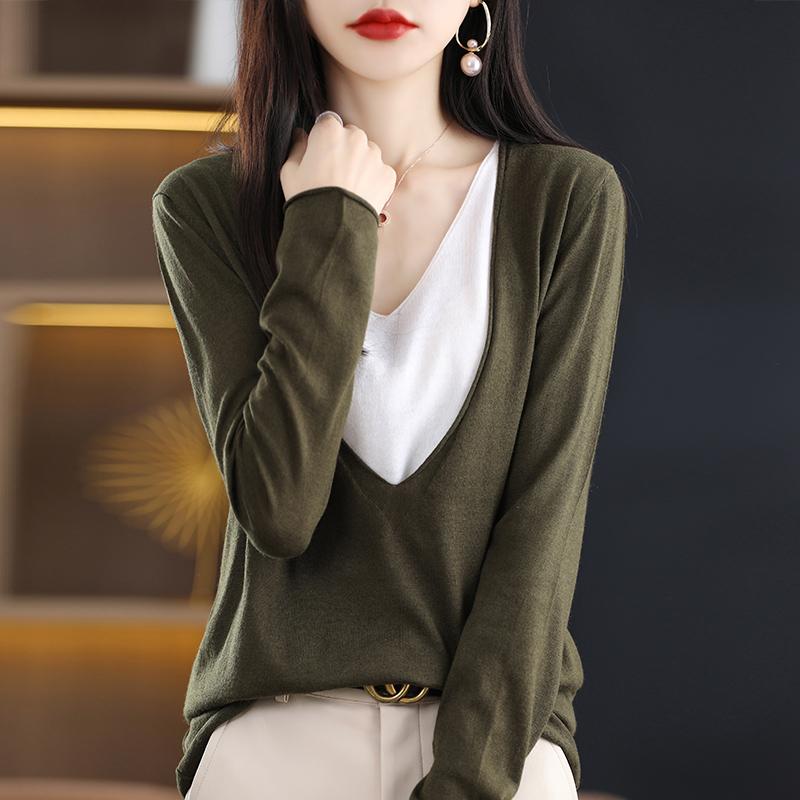 Женские свитера, пуловеры 2025 Осень Зима Длинный рукав V-образный вырез Черный вязаный свитер Женские топы, пуловер JJ107