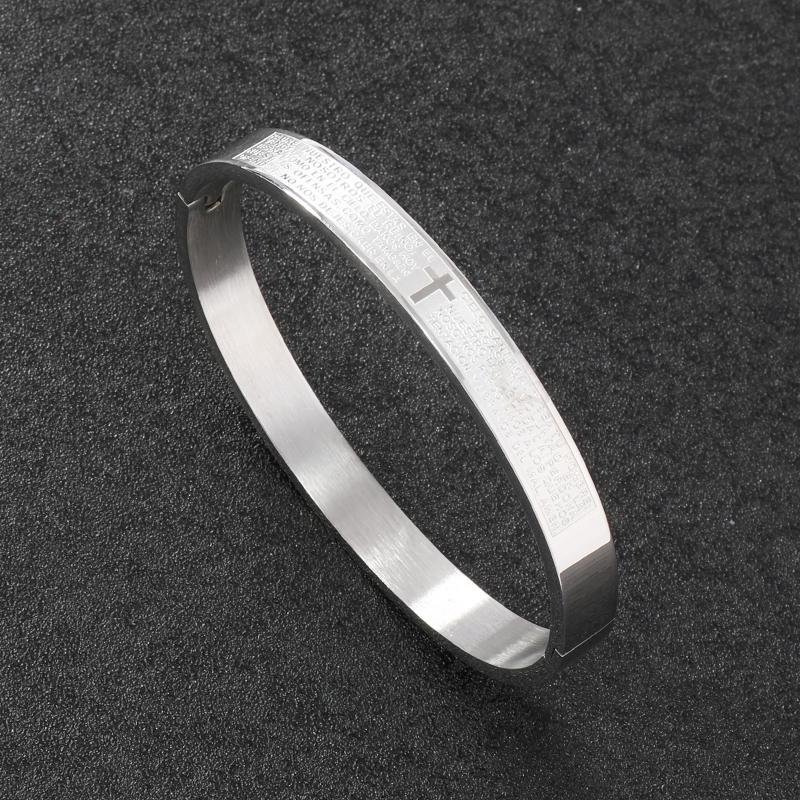 Luxury Stainless Steel Cross Carving Spanish Scripture Man Bracelets for Women Jewelry Couple Gifts