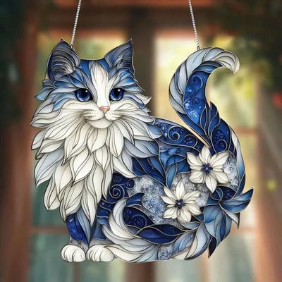 Ловец солнца Yousheng Синий Белый Кот Декоративный свет Подвесное украшение Кот Настенное искусство Шарм Декор для сада в помещении и на открытом воздухе
