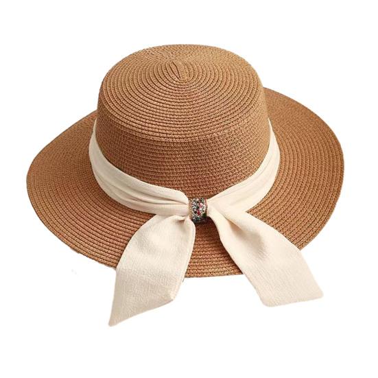 Straw Hat Lightweight Breathable Flat Top Wide Brim Sun Protection Hat Metal Buckle Ribbon Decorated Hat Summer Beach Hat