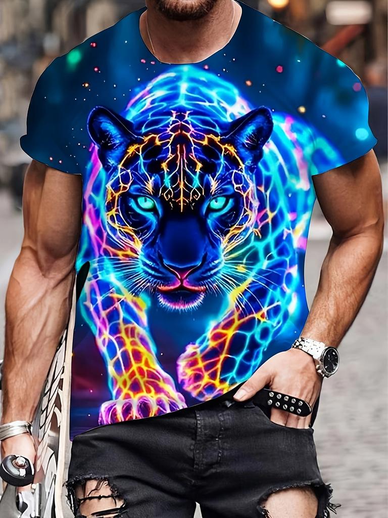 Мужская футболка с 3D-принтом тигра, с коротким рукавом, с круглым вырезом, дышащая, эластичная, повседневная, модная, для улицы, для вечеринки, для ношения на выходных, топы