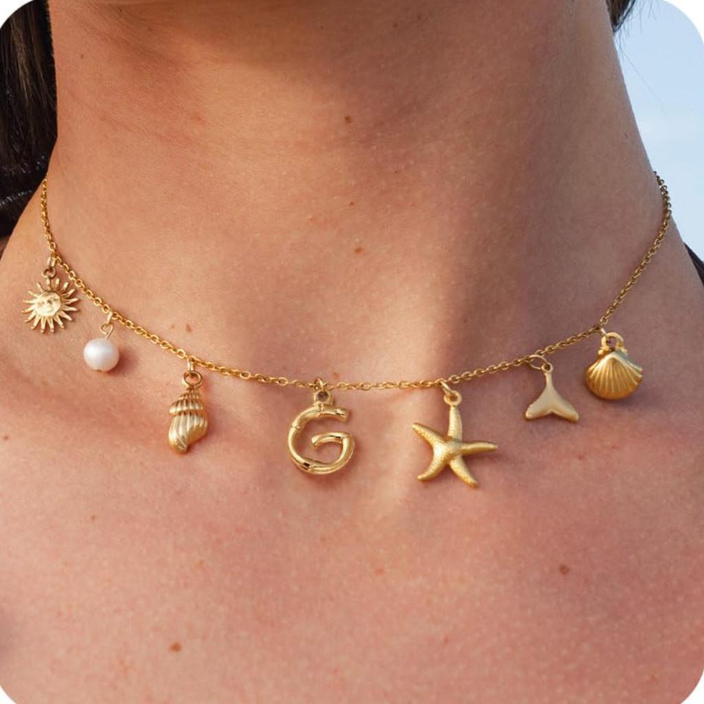 MHS.SUN Starfish Shell Initial Necklace Waterproof 18K Gold Plated Stainless Steel Charm Necklaces Surfer Girl Summer Beach Gift
