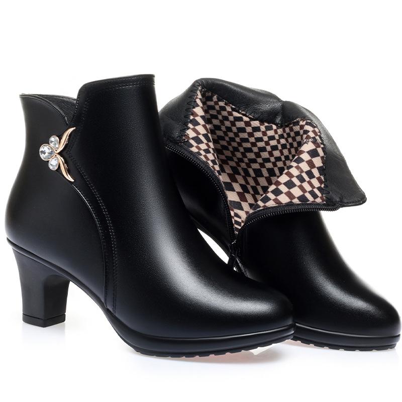 Модные женские ботинки на высоком каблуке 2025 Новые зимние ботинки Женские элегантные модные ботинки из толстой шерсти Теплые Модные ботинки для вечеринок Мама Женские ботильоны