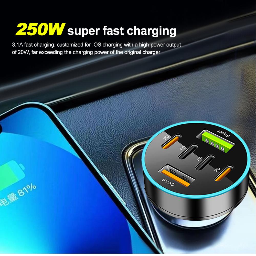 6 Ports Super Fast Car Charger PD QC 3.0 USB C Car Charger 250W Quick Charging Adapter for Phone