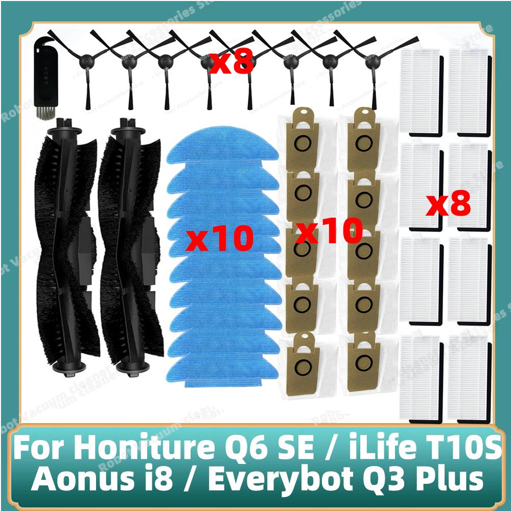 Compatible for Honiture Q6 SE / iLife T10S / Aonus i8 / Everybot Q3 Plus / Q3 Parts Main Side Brush Cloth Filter Dust Bag