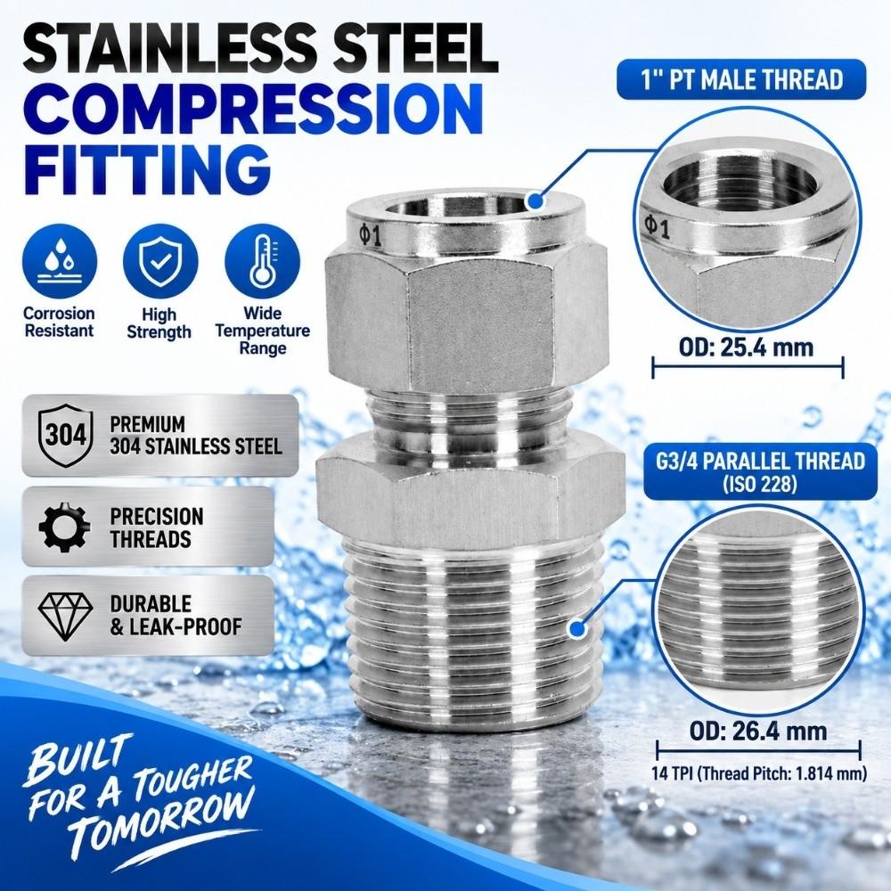 Silver Compression Tube Fitting G3/4 Tube OD Pipe Connector Threaded Fitting  Automotive Repair