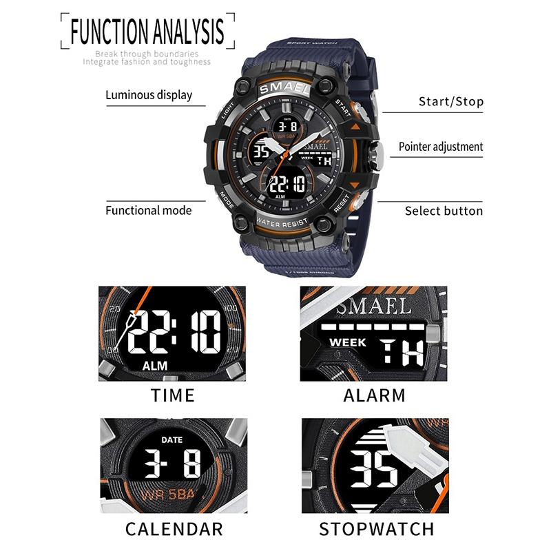 SMAEL Брендовые спортивные часы, мужские кварцевые наручные часы, водонепроницаемые, двойной дисплей времени, военные армейские зеленые мужские часы 8079, мужские часы