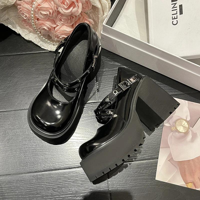 Fashion Round Toe Thick Heels Women's Shoes Spring Autumn New 10CM Thick High Mary Jane Small Leather Shoe Black Buckle Belt Cross Pumps