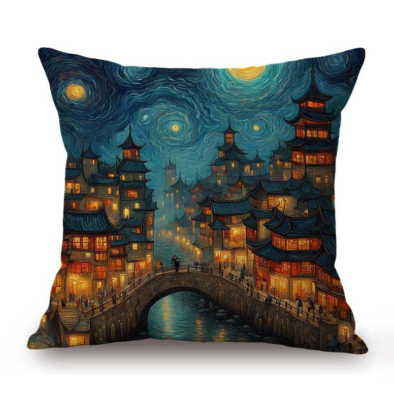 Starry Starry Night Modern Art Oil Painting City Town Under The Moon Light Home Decoration Art Pillow Case Sofa Cushion Cover
