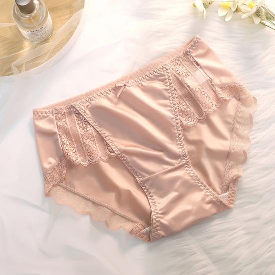 Smooth Satin See-through Lace Stitching Briefs Sexy Bowknot Decor Mid-rise Hip Lifting Breathable Thin Women Panties