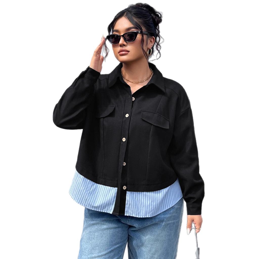 This Is An Early Spring and Autumn Large-sized Women's Short Simple and Stylish Coat with A Striped Design