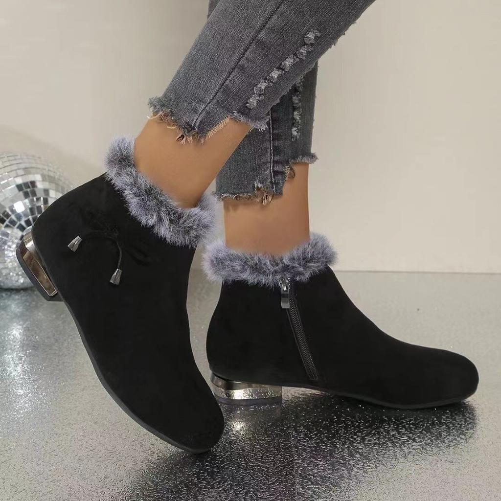 Suede matte leather small short boots round head middle heel fleece low-top autumn and winter fluffy cotton boots temperament fluffy low-heeled women