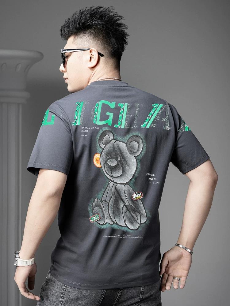 European Goods 2025 Summer New Fashion Brand Rhinestone Bear Print Short-Sleeve T-Shirt Men's Round Neck Half-Sleeve Tee Top