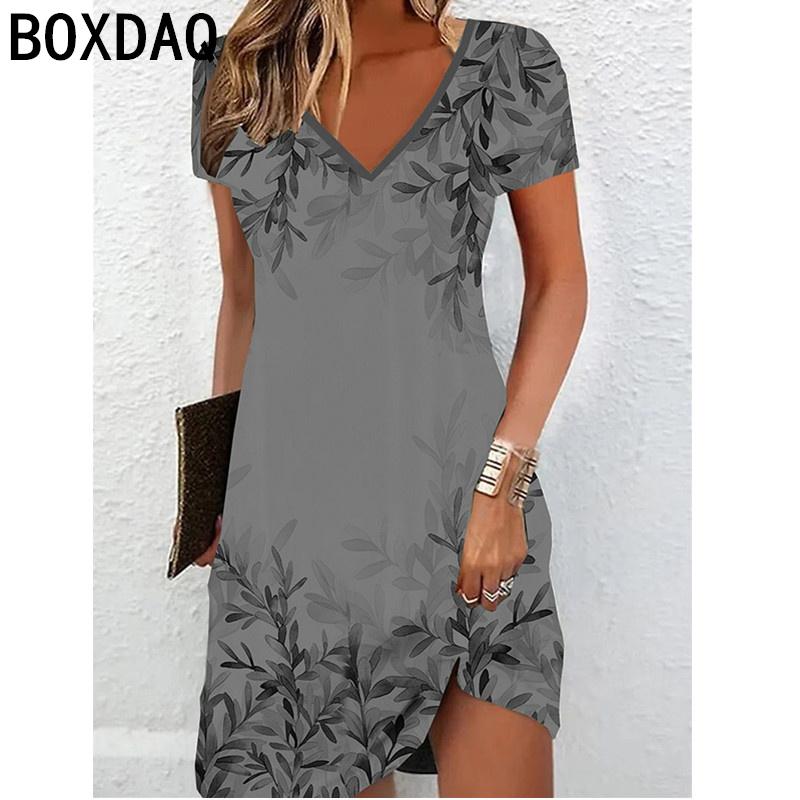 5XL 6XL Большие размеры Женское платье 3D Винтажный принт с листьями Платье Лето Короткий рукав V-образный вырез А-силуэта длиной до колена Платье Vestidos