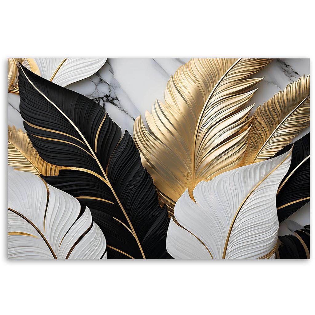 Canvas Print, Gold, Black And White Leaves On A Marble Background
