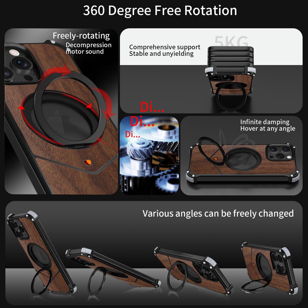 For iPhone 15 Pro Max Magnetic Case Wood Covered Metal Boardless Phone Back Cover with Kickstand