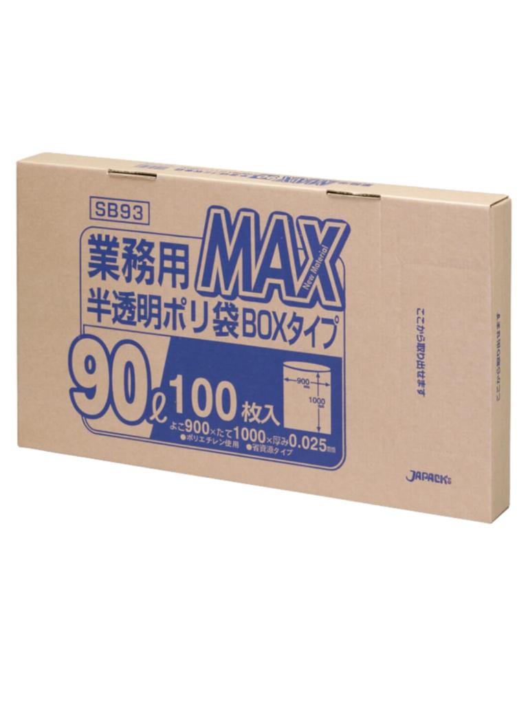 Japax Garbage Bag Translucent 90L Width 90 X Height 100cm Thickness Commercial Use MAX BOX Type Plastic Bag 100 Pieces 0.025mm SB-93