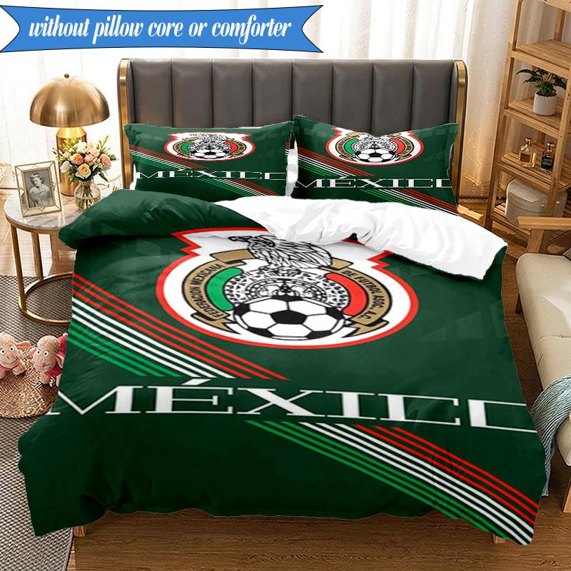 3PCS Mexico Football Team Emblem Printed Soft Bedding Set,Including 1pc Duvet Cover And 2pcs Pillowcases Perfect for Bedroom, Dormitory, Fan gift