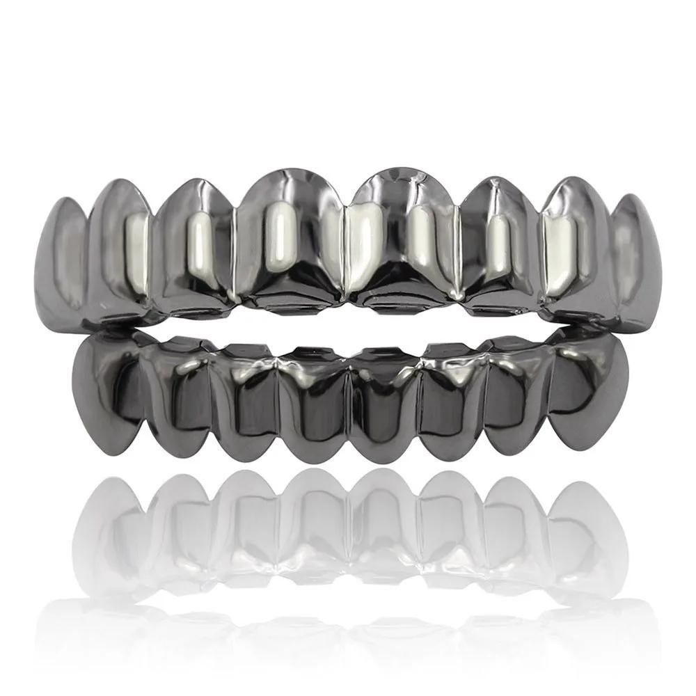 Unisex Glossy Finish Teeth Grillz Top Bottom Set Eco-friendly Copper Shiny Teeth Grillz Caps Gold Silver Teeth Jewelry Rapper