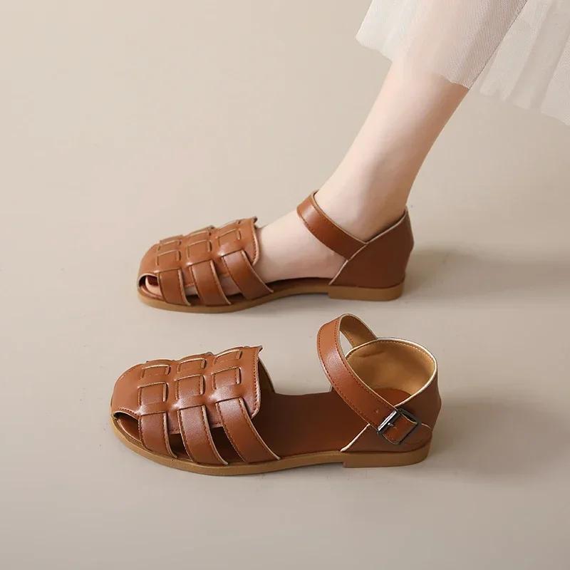 Женские сандалии на низком каблуке с закрытым носком и пряжкой в римском стиле, женская обувь на распродаже 2024 года, новые удобные женские сандалии для отдыха на открытом воздухе