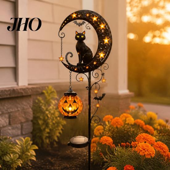 Hanging Pumpkin Halloween Decor Solar Garden Stake Light, Metal Black Cat & Moon Waterproof Crescent Pathway Lights Decorations for Lawn Patio