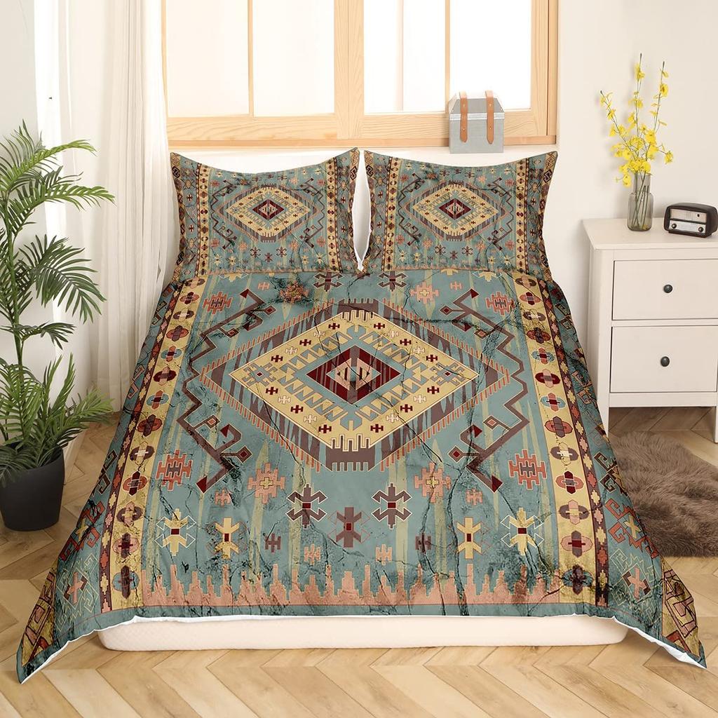 Ethnic Bright Floral Duvet Cover Queen King Size Boho Botanical Bedding Set Geometric Abstract Quilt Cover Bedroom Decor 3 Pcs