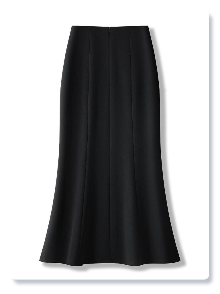 Women's High-Waist Black Fishtail Midi Skirt - Spring 2025 Collection, Elegant Mid-Length Bodycon Design
