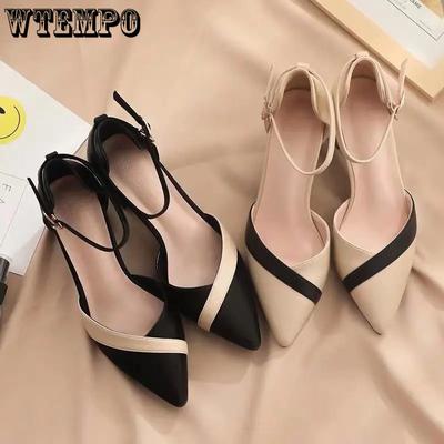 Сандалии с цветными блоками, женские весенне-летние туфли на толстом каблуке с острым носком, на среднем каблуке, на плоской пряжке, на высоком каблуке, противоскользящие и износостойкие