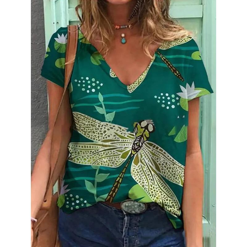 Summer Butterfly Dragonfly 3dV Neck Printed New Women's Top T-shirt