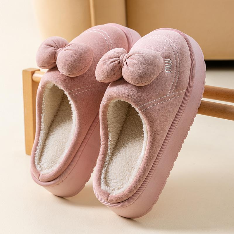 Cartoon Bow Cotton Slippers Autumn and Winter Thick-soled Velvet Warm and Comfortable Indoor Home Couple Shoes