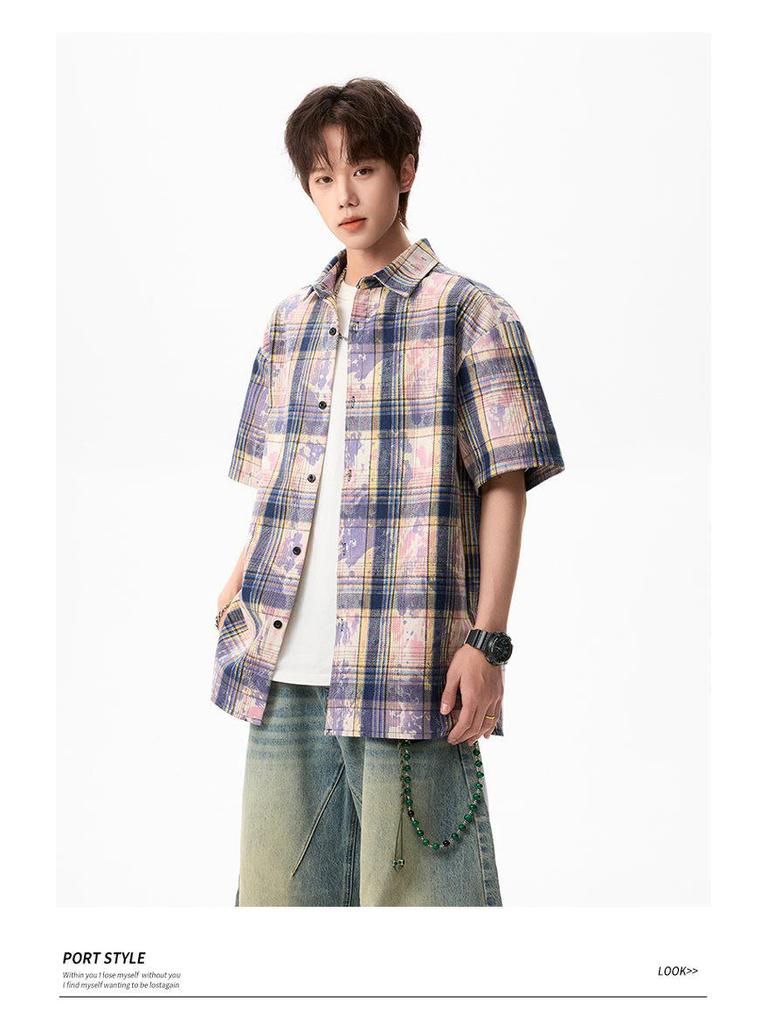 Мужская летняя рубашка с коротким рукавом в стиле тай-дай и color block - Свободный повседневный топ в гонконгском стиле