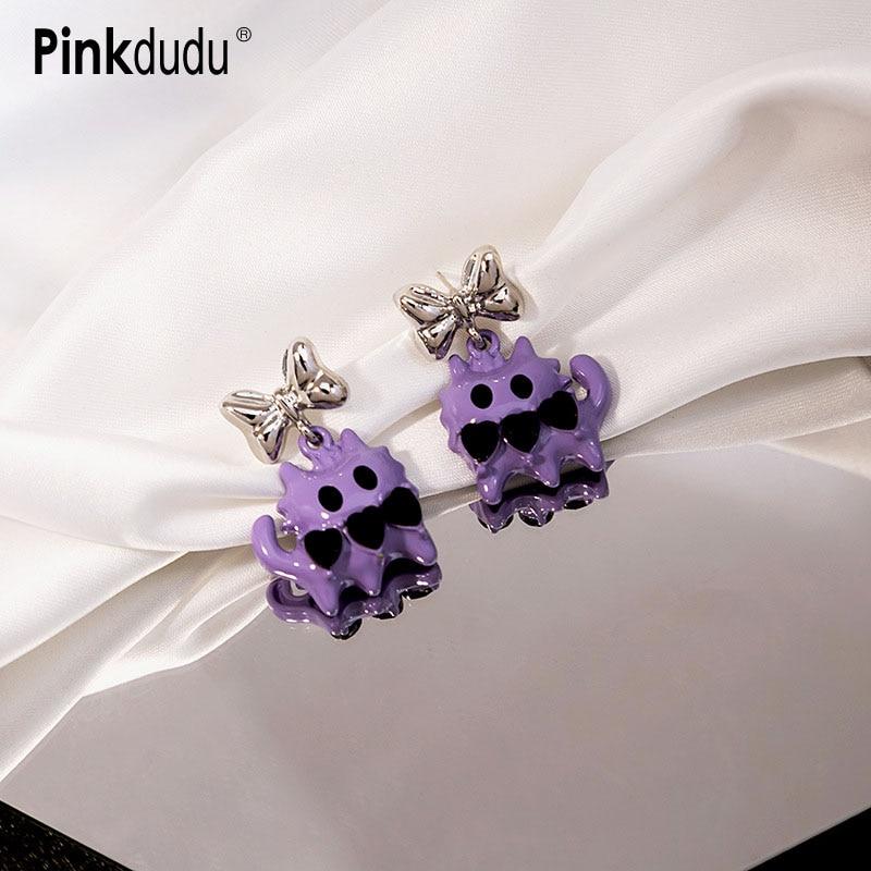 Pinkdudu Модные фиолетовые серьги-капли «Джентльмен Кот» с черными стразами, милые серьги с бантом, 2 цвета, серьги с животными для женщин, ювелирные изделия PD1394