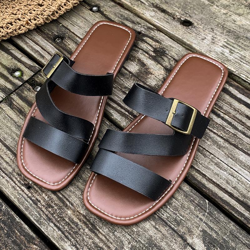 Large Size Buckle Flat Bottom One-word Shoes Women's Open-toed Retro Wind Beach Cool Slippers