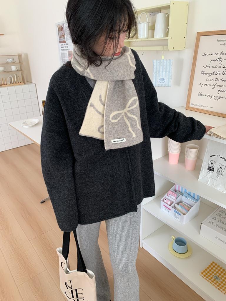 Wool blended Korean knitted bow wool couple high-end small scarf women's thickened warm versatile scarf