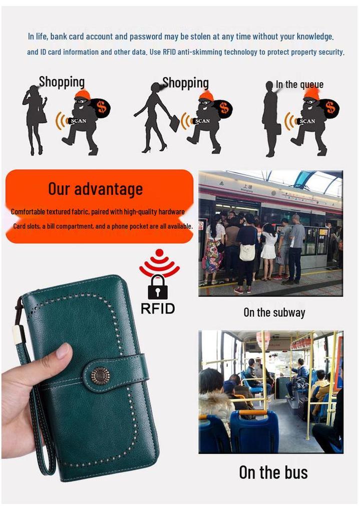 Женский кошелек на молнии с защитой от кражи RFID, с множеством слотов для карт и большим держателем для удостоверений личности