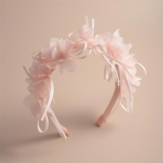Soft Yarn Headband with Gauze Flowers Faux Pearls Decor Romantic Style Elastic Crown Hairband Parties Weddings Daily Wear