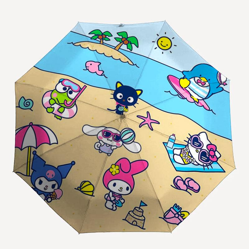 1pc Hello Kitty & Friends Beach Party Automatic Opening/Closing Umbrella - Portable Three-Fold Design with 8-Bone Iron Frame - Outdoor Umbrella - Idea