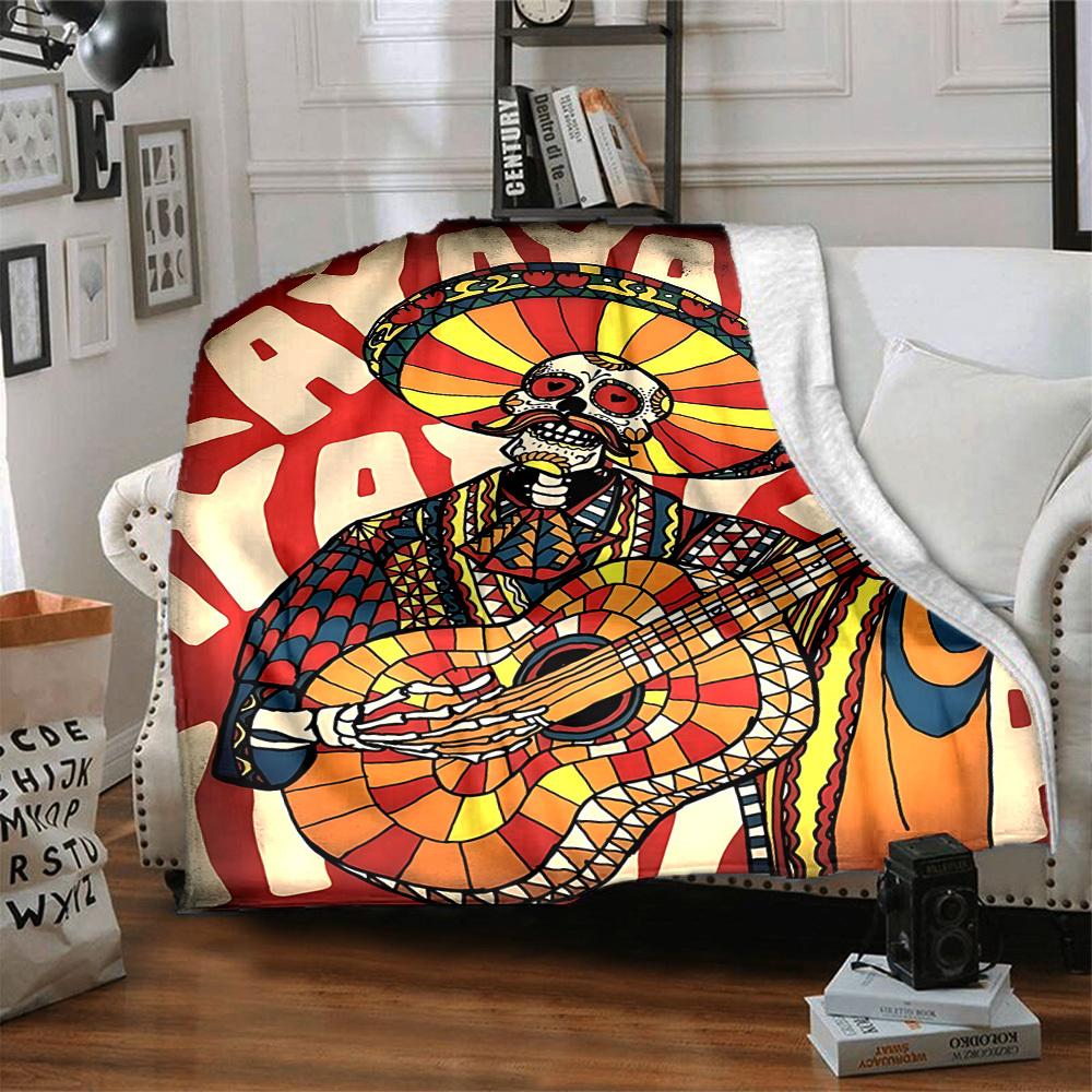 1pc Day of the Dead Guitarist Blanket, Lightweight Flannel Throw Blanket for Sofa, Bed, Travel, Camping, Living Room, Office, Couch, Chair, and Bed