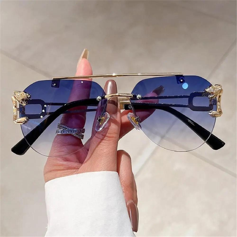 New Rimless Cheetah Decor Sunglasses Gradient UV400 Double Bridge Sun Glasses Shades for Women & Men Lunettes De Soleil Homme
