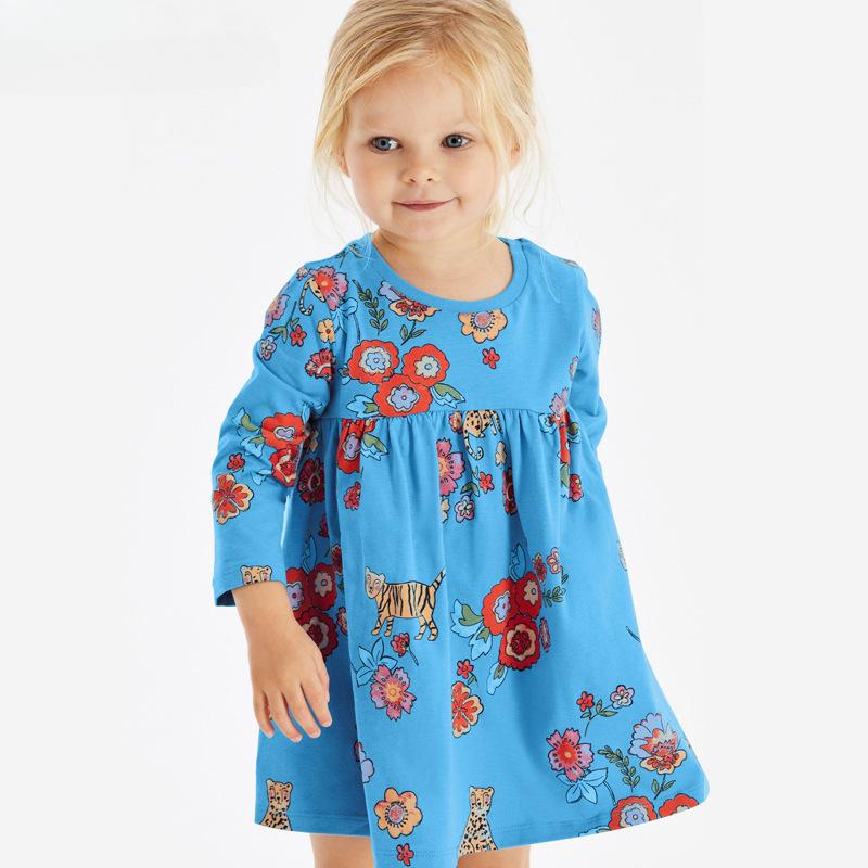 2025 весна осень чистый хлопок милый цветочный принт платье принцессы для девочки с длинным рукавом юбка милые девочки свободные синие платья детская одежда