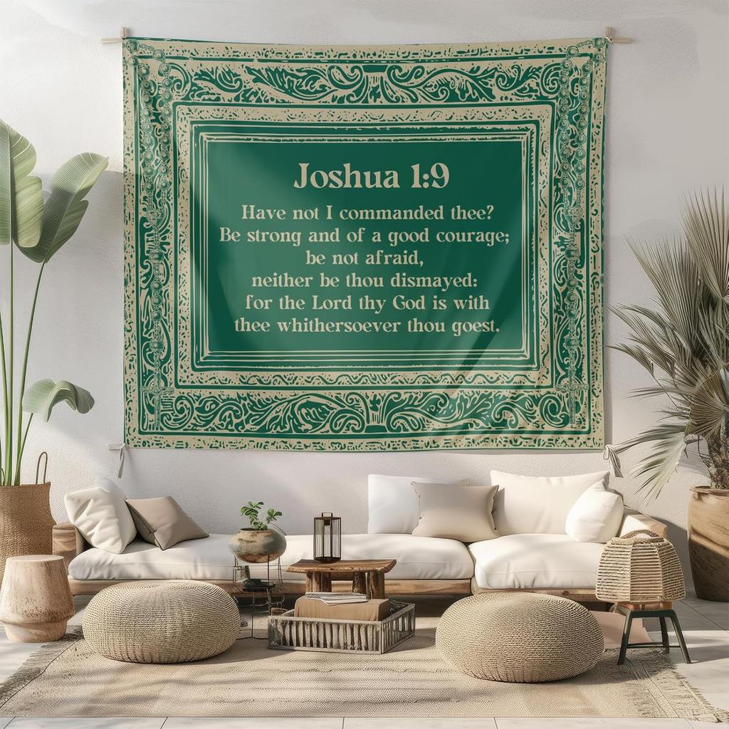 NIPINUS Christian Wall Tapestry with Bible Verses - Joshua1:9,Large tapestry wall hanging,Green Retro Motivational Flags Tapestry for Bedroom, Dorm,