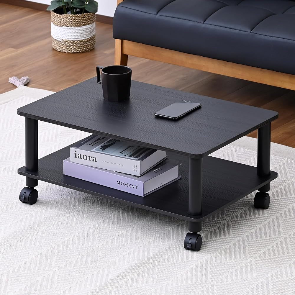 YAMAZEN TV Stand with Casters, TV Board, Low Table, Rack, 2 Tiers, 60cm (W) x 39.5cm (D) x 27.5cm (H), Easy Assembly (No Tools Required), Dark Brown 3