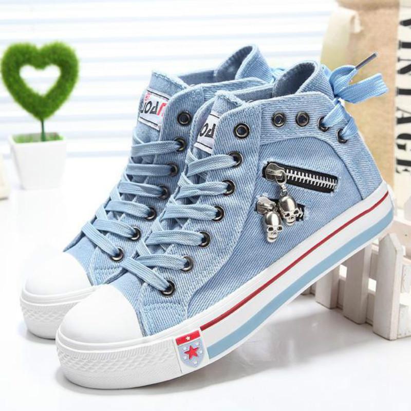 Модные женские джинсовые высокие парусиновые туфли, повседневная обувь, студенческая обувь, туфли на плоской подошве