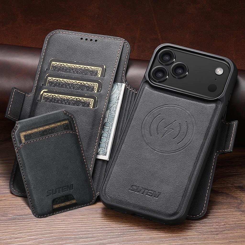 Кожаный чехол-книжка для iPhone 17 Pro Max со слотом для карт, магнитной застежкой и подставкой для беспроводной зарядки