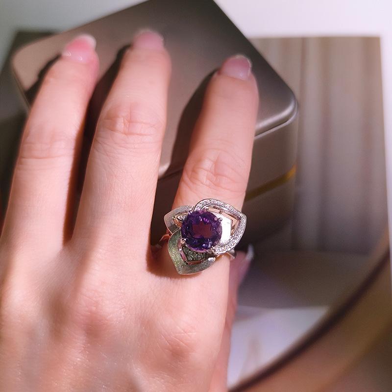 Women's S925 Sterling Silver Rose Flower Ring Natural Crystal Adjustable Opening Ring Fashion Jewelry