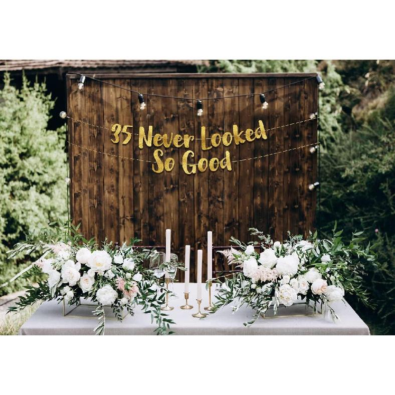 35 Never Looked So Good Gold Glitter Banner - 35th Anniversary and Birthday Party Decorations