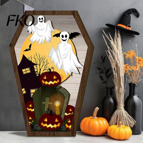 Vivid Halloween Party Sign Wooden Tombstone Shaped Table Block Spooky Ghost Pumpkin Festive Decor Bat Castles Tiered Tray Centerpiece for Indoor