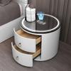 Round Bedside Table Leather Italian Light Luxury Nightstand Modern Simple Leather Rock Tempered Storage Cabi Bedroom Furniture