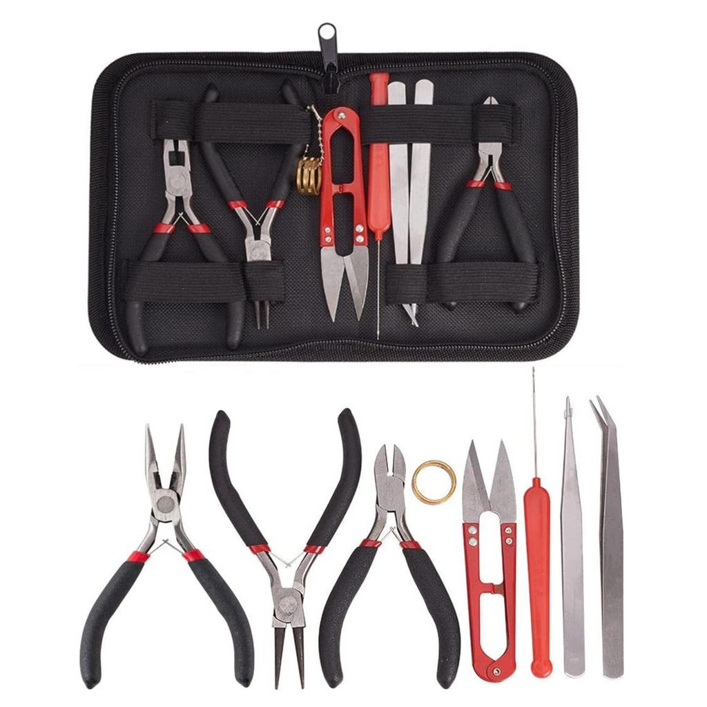YFFSFDC 8-Piece Jewelry and Craft Tool Set with Pliers, Tweezers, Awl, Thimble and Case