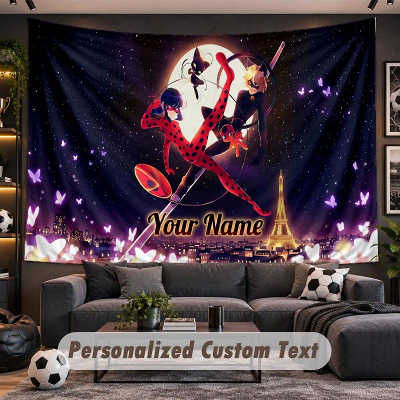 Wall Hanging Tapestry Custom NameMiraculous Ladybug Pattern Personalized Printed Fabric Wall Decor